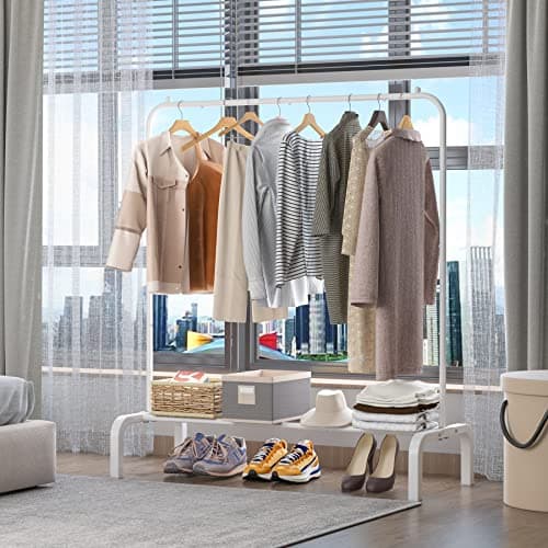 White Metal Clothes Rack with Bottom Shelf for Hanging Shirts Jeans Coats