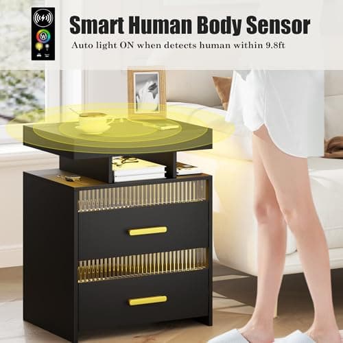 Modern Wood Nightstand with Charging and LED Lights, 2 Drawers, Black