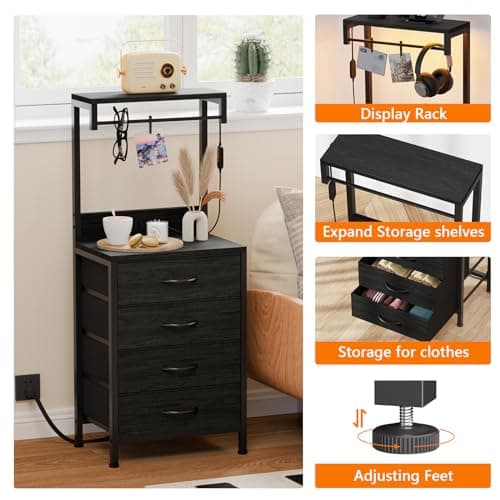 Furnulem Black Oak Tall Nightstand with Charging & LED Lights