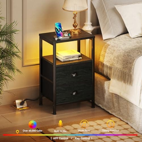 Furologee Black Nightstands with Charging Station and LED Lights