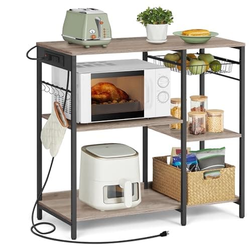VASAGLE ALINRU Kitchen Baker's Rack, Coffee Bar Stand, 6 Hooks, Steel Wire Basket, Mini Oven Spices Utensils, Industrial