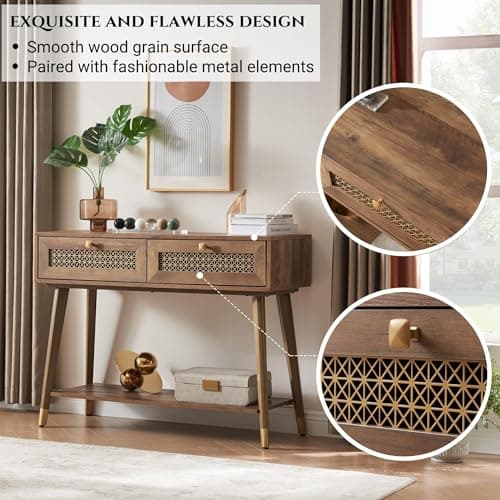 Rustic Oak Narrow Sofa Table with Drawers & Shelf, Modern Living Room Console