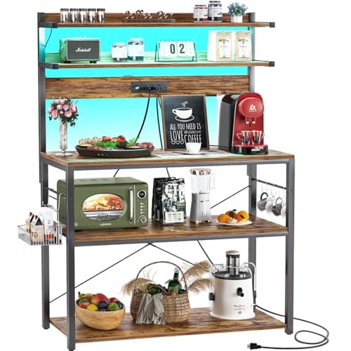Aheaplus Black Kitchen Bakers Rack with Power Outlet & LED Lights, 5 Tiers Coffee Bar Stand