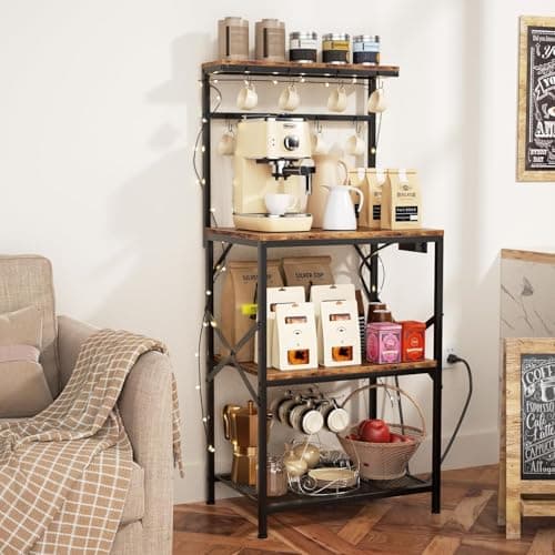 Rustic Brown 4-Tier Bakers Rack with Power Outlet & Storage