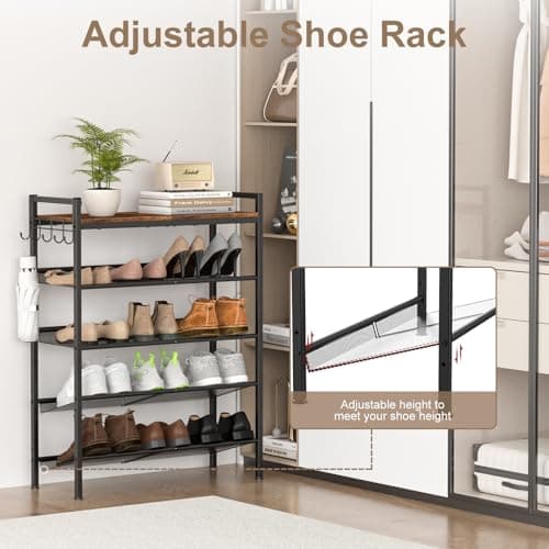 Height-Adjustable 4-Tier Metal Shoe Rack with Steel Frame and Hook, Sturdy Wooden Top