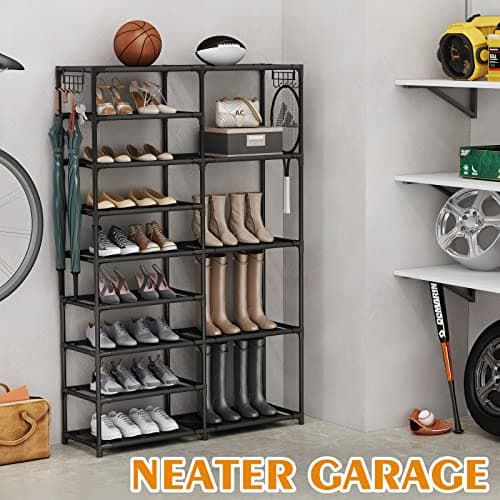 Large Capacity Black Garage Shoe Rack, 24-35 Pairs, Two Rows Hooks