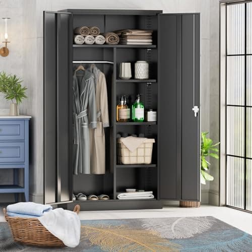 Black Greenvelly Metal Storage Wardrobe Cabinett with Doors, Hanging Rod, 72" Steel Closet for Home Office School
