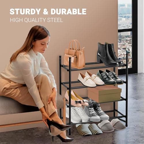 ikloo 4-Tier Expandable Shoe Rack for Closets & Entryways | Black