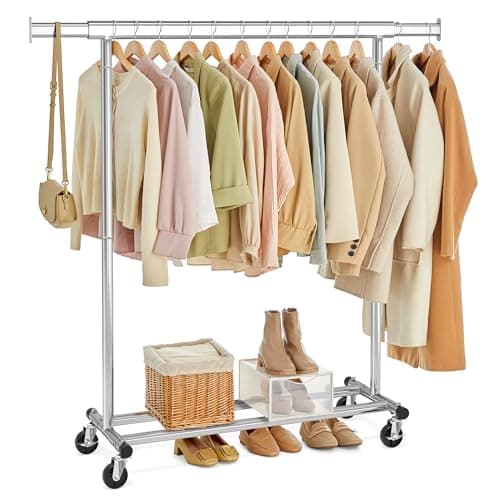 SONGMICS Portable Clothing Rack with Wheels, 220 lb Capacity, Extends Up to 52"