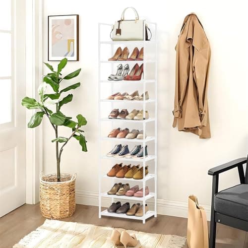 Barsone 10-Tier Shoe Organizer, Space-saving White Stand for Closets and Hallways
