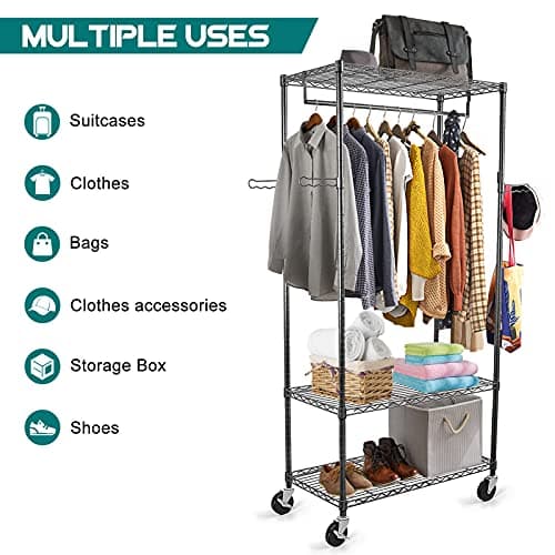 Large Heavy Duty WDT Rolling Clothes Rack with Shelves & Adjustable Garment Rods