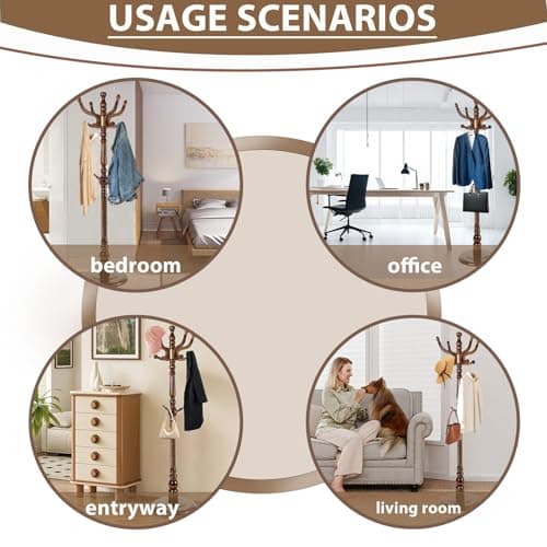 Modern Solid Wooden Coat Rack, 11 Hooks, Natural Birch, 330 lbs Capacity
