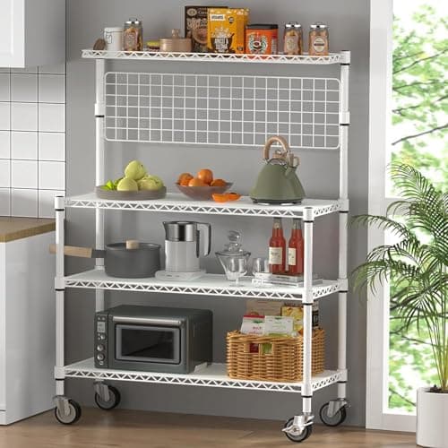 Leteuke 42-Inch 4-Tier Microwave Stand with Storage & Wheels, White