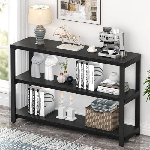 EXCEFUR Industrial Sofa Console Table with 3 Tier Storage Shelves, Rustic Brown