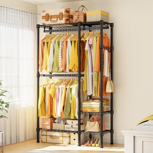 Durable Clothes Garment Rack for Heavy Items: Portable Closet Organizer with Shelves and Double Rods