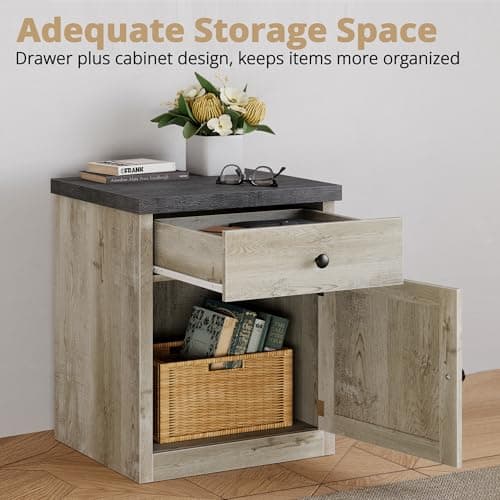 LIKIMIO Rustic White Wood End Table with Storage for Bedroom
