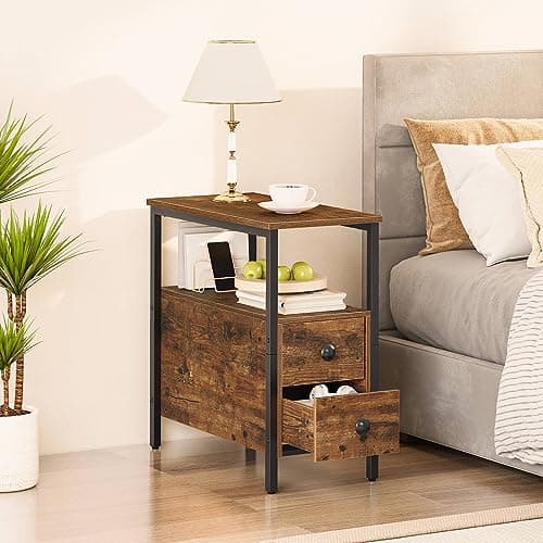 HOOBRO Narrow End Table Set, Drawers for Small Spaces, Rustic Brown & Black BF54BG201G2