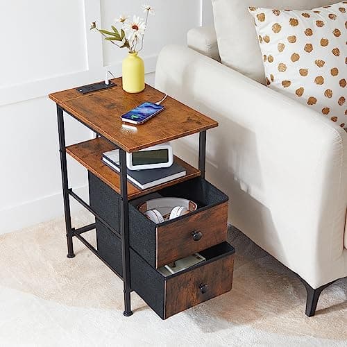 HOOBRO Adjustable End Table with Charging Station, Rustic Brown & Black, BF486UBZP201