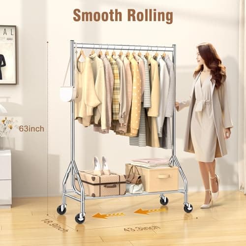 EAGMAK Heavy Duty Rolling Clothes Rack with Lockable Wheels (Silver)