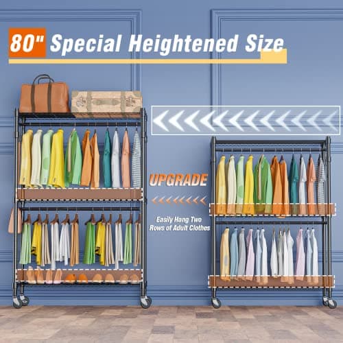 Homdox Heavy Duty Rolling Clothing Rack with Shelves and Side Hooks