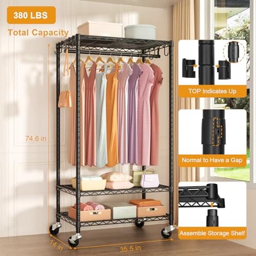 Heavy Duty P6 Rolling Clothes Rack, Max 380 LBS, Portable Closet Rack, Black