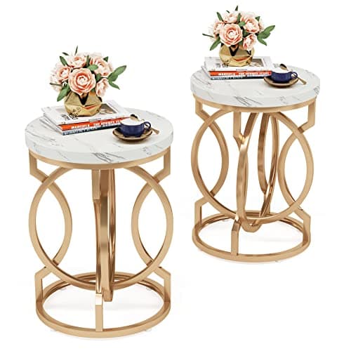 Tribesigns White + Gold O-Shaped Metal Base Round End Table Set of 2