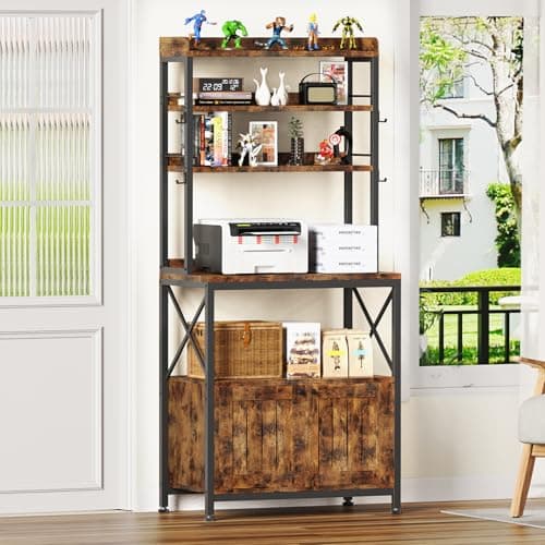EasyCom 6-Tier Microwave Bakers Rack with Power Outlet & Storage Cabinet