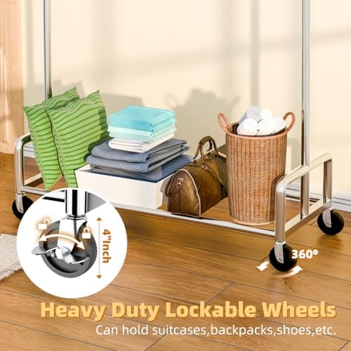 Heavy Duty Metal Clothing Rack with Wheels, Chrome, 500 LBS Load Capacity