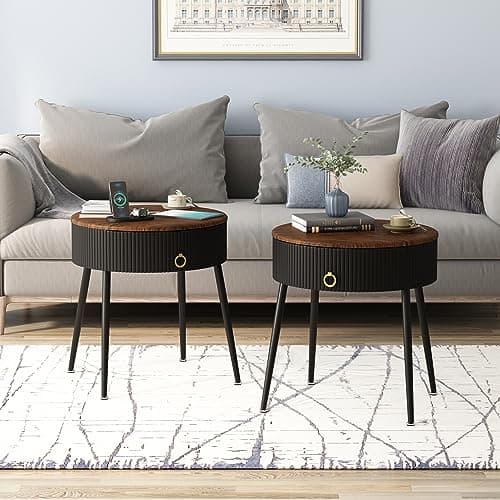 OIOG Modern Brown and Black Side Table Set, Round Nightstand with Drawer