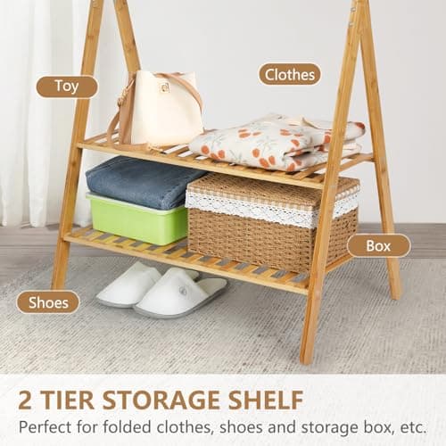 Ufine Bamboo Double Rod Clothing Rack with 2 Tier Storage Closet Organizer