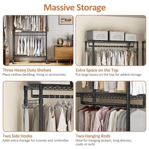 Heavy Duty 3 Tiers Garment Rack with Hanging Rods & Hooks, Black