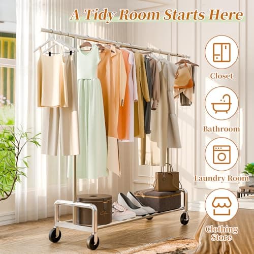 Heavy Duty Metal Clothing Rack with Wheels, Chrome, 500 LBS Load Capacity