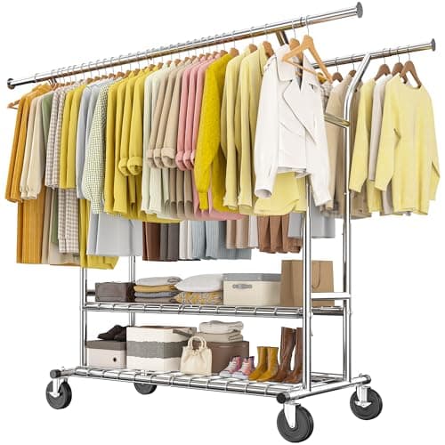 Raybee Heavy Duty Clothing Rack with Wheels, Load 630LBS, Adjustable 74" W x 25" D