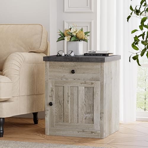 LIKIMIO Rustic White Wood End Table with Storage for Bedroom