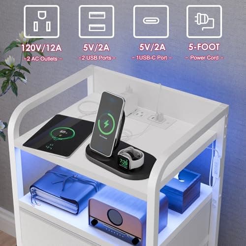 Fixwal Tall Night Stand with Charging Station, LED White Nightstand and 4 Fabric Drawers
