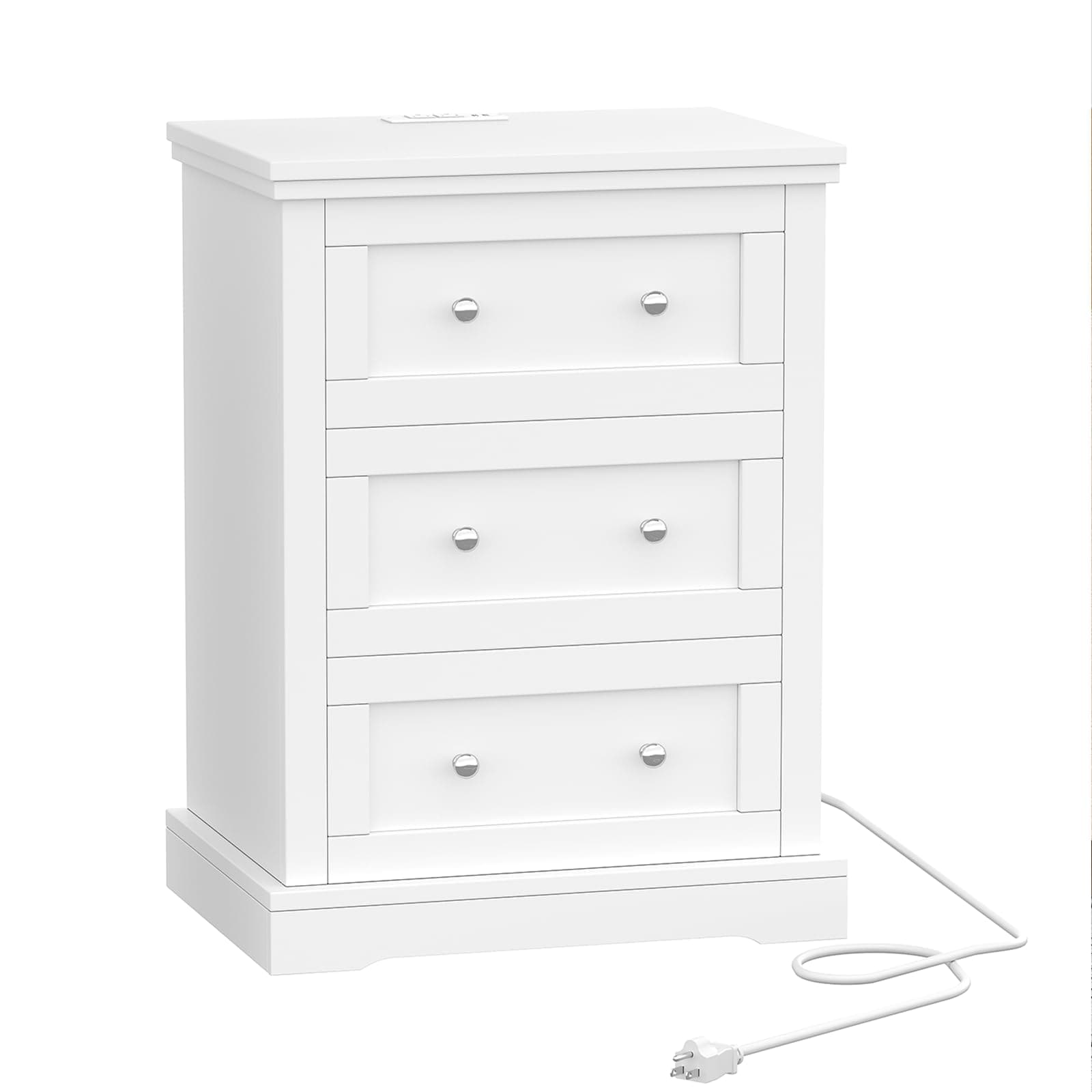 Rovaurx Large White Farmhouse Nightstand with 3 Drawers and Charging Station