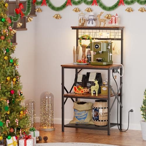 Furologee Rustic Brown Bakers Rack with Power & LED Light, 4 Tier Spices & Pot Storage