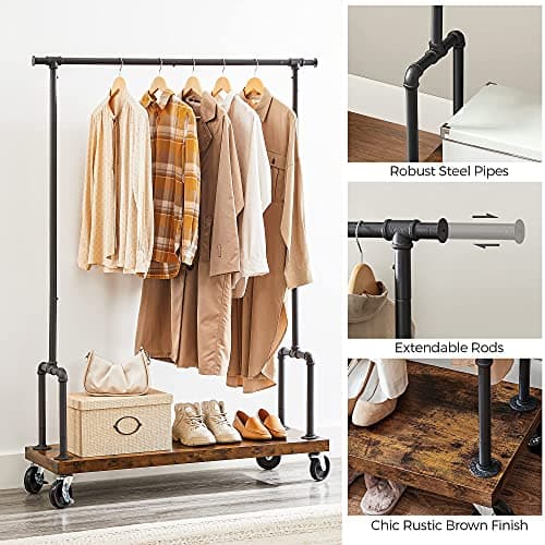 VASAGLE Rolling Garment Rack with Shelf, Heavy-Duty Rustic Brown and Black URGR110B01