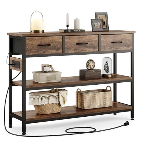 Lulive Adjustable Entryway Table with Power Outlets & 3 Drawers (Rustic Brown, 43")