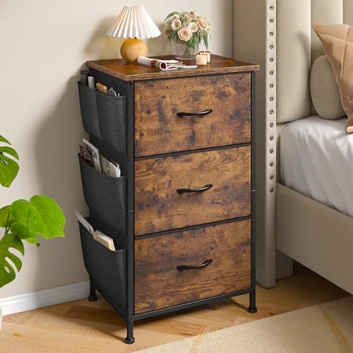 Rustic Brown Night Stand with 3 Drawers & Removable Pockets