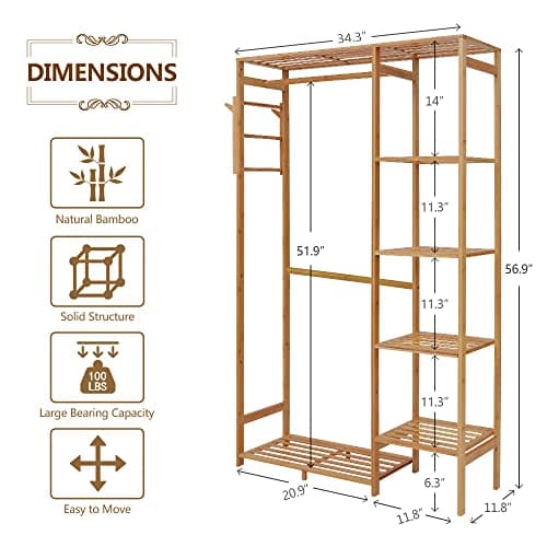 Ufine 6-Tier Bamboo Garment Rack with Hooks, Heavy Dutyclothing Organizer