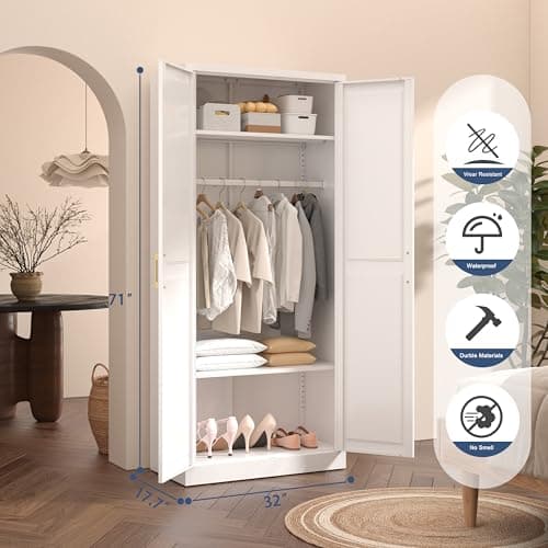 Metal Armoire Wardrobe with Hanging Rod and Shelves for Storage
