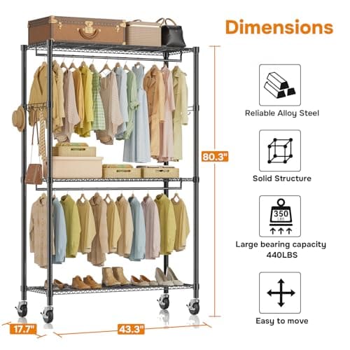Heavy Duty 3-Shelf Rolling Clothes Rack, Black