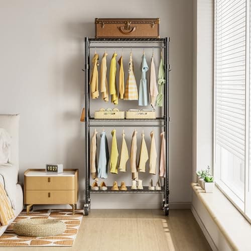 Heavy Duty Rolling Clothes Rack, 3-Shelf Black, 29.5" W x 75.6" H