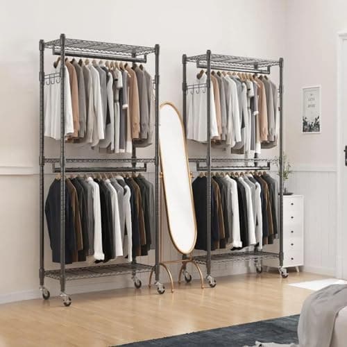 BATHWA Narrow 2-Tier Garment Rack for Saving Space, Portable with Wheels & Double Rods