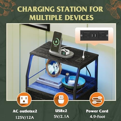 Black WLIVE Nightstand with Charging Station, 4 Drawer Dresser & LED Light