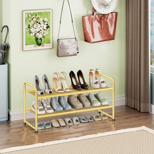 Gold 2 Tier Metal Shoe Organizer, 32" Heavy Duty Closet Rack