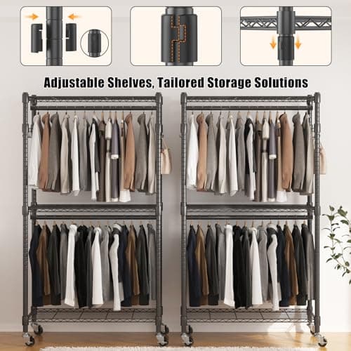 BATHWA Narrow 2-Tier Garment Rack for Saving Space, Portable with Wheels & Double Rods