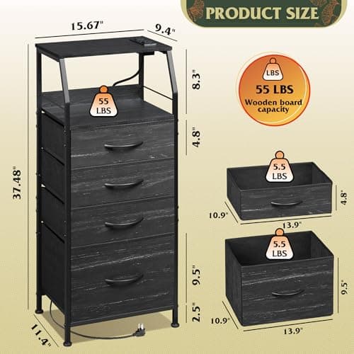 Black WLIVE Nightstand with Charging Station, 4 Drawer Dresser & LED Light