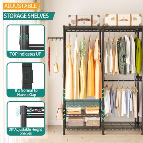 Black Heavy Duty 3-Tier Metal Wire Closet Organizer with 2 Rods, Max 800LBS Load